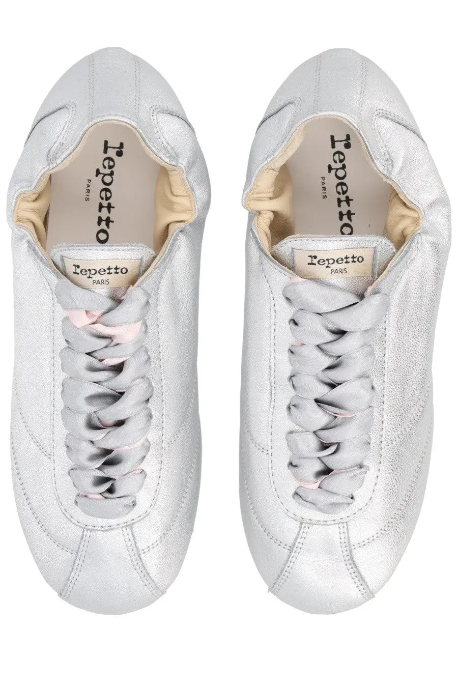 Repetto women’s sneaker tennis silk silver in silver leather with braided laces and a sleek minimalist design