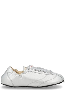 Repetto women’s sneaker tennis silk silver metallic leather shoe with braided laces and black rubber sole