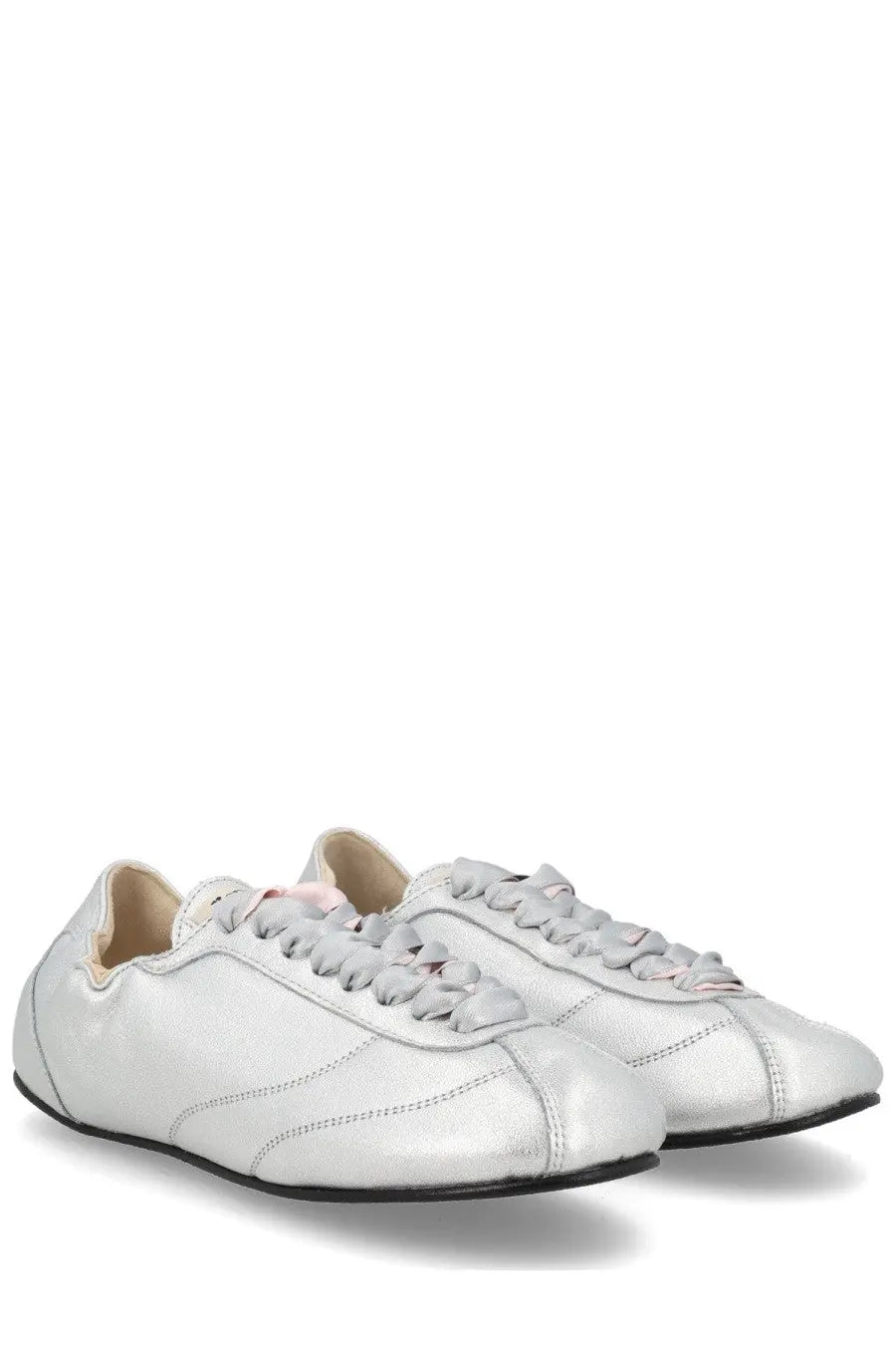 Repetto women’s sneaker tennis silk silver with silver metallic leather braided laces and black rubber sole