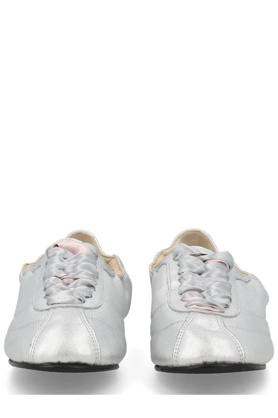 Repetto women’s sneaker tennis silk silver with silver metallic leather, satin laces, and black rubber sole