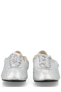 Repetto women’s sneaker tennis silk silver with silver metallic leather, satin laces, and black rubber sole