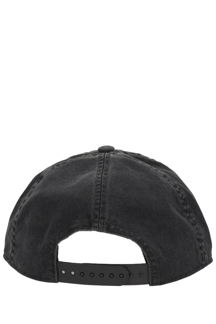 Black denim baseball cap for men by represent with adjustable strap and button visible on the back side