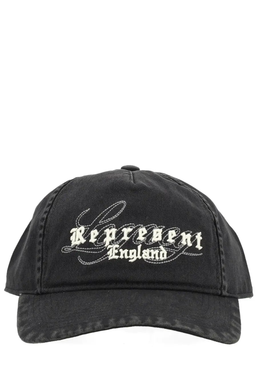 Black denim men’s baseball cap with white embroidered represent england text in stylized script font
