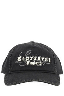 Black denim men’s baseball cap with white embroidered represent england text in stylized script font