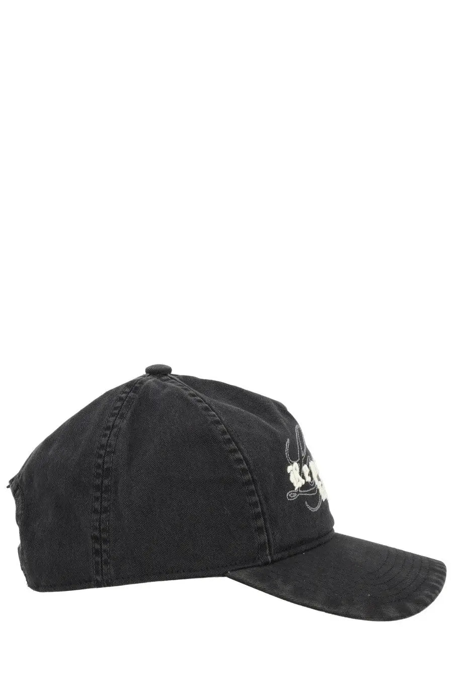 Black denim baseball cap for men featuring a white embroidered logo on the side by represent