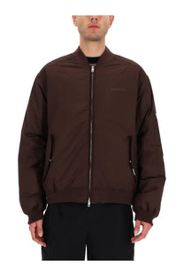 Represent men’s bomber jacket smart brown in dark brown with subtle embroidered logo and ribbed cuffs