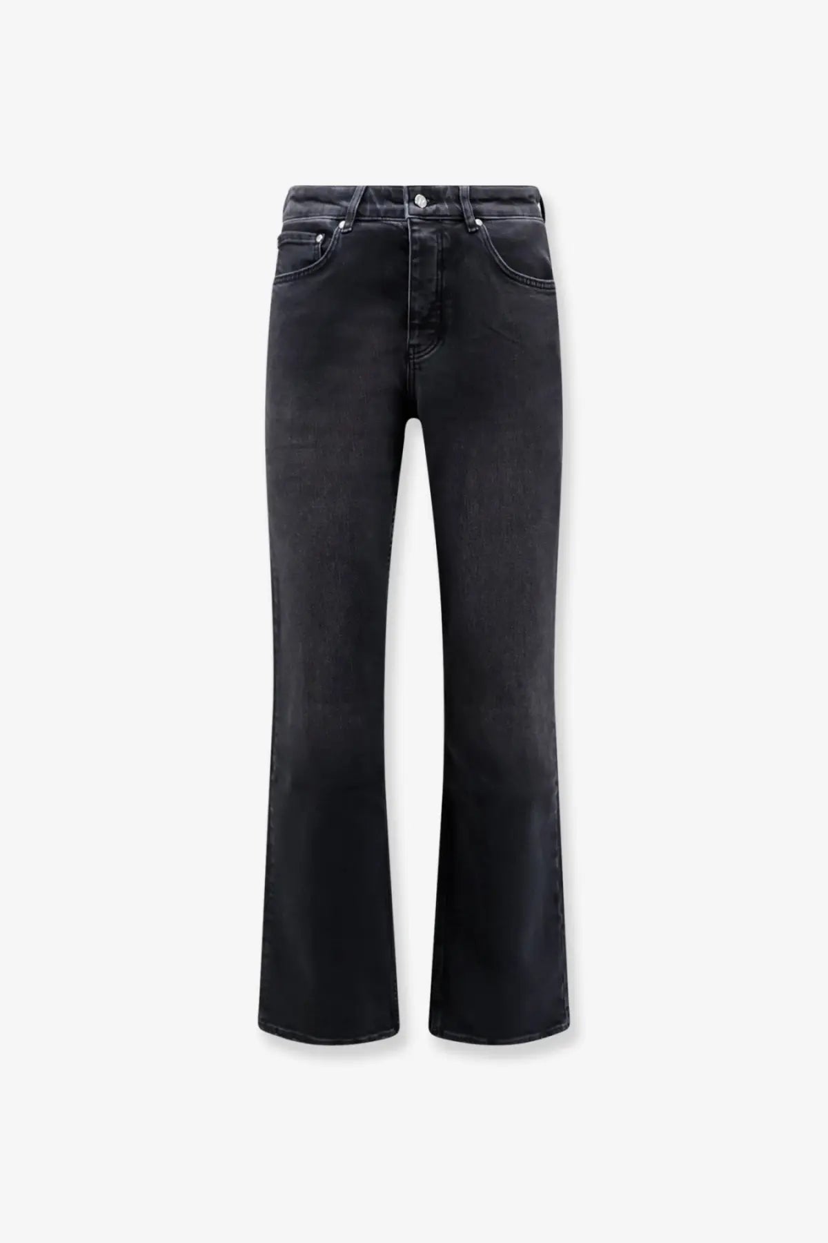 Represent men’s boot cut black denim jeans with straight leg cut and subtle thigh fading