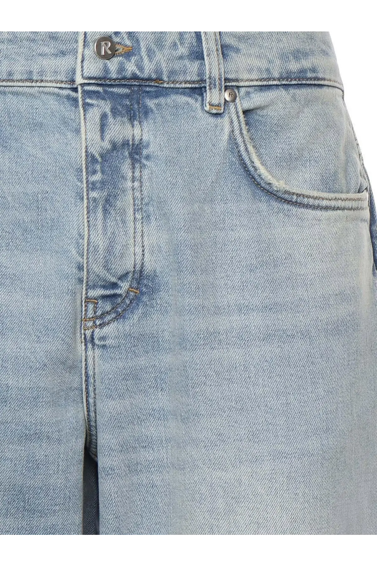 Represent men’s boot cut jeans in light wash denim with faded distressed look and visible stitching details