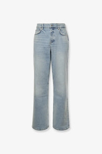 Represent men’s boot cut jeans in light-wash denim with a high-rise and straight-leg cut in blue color