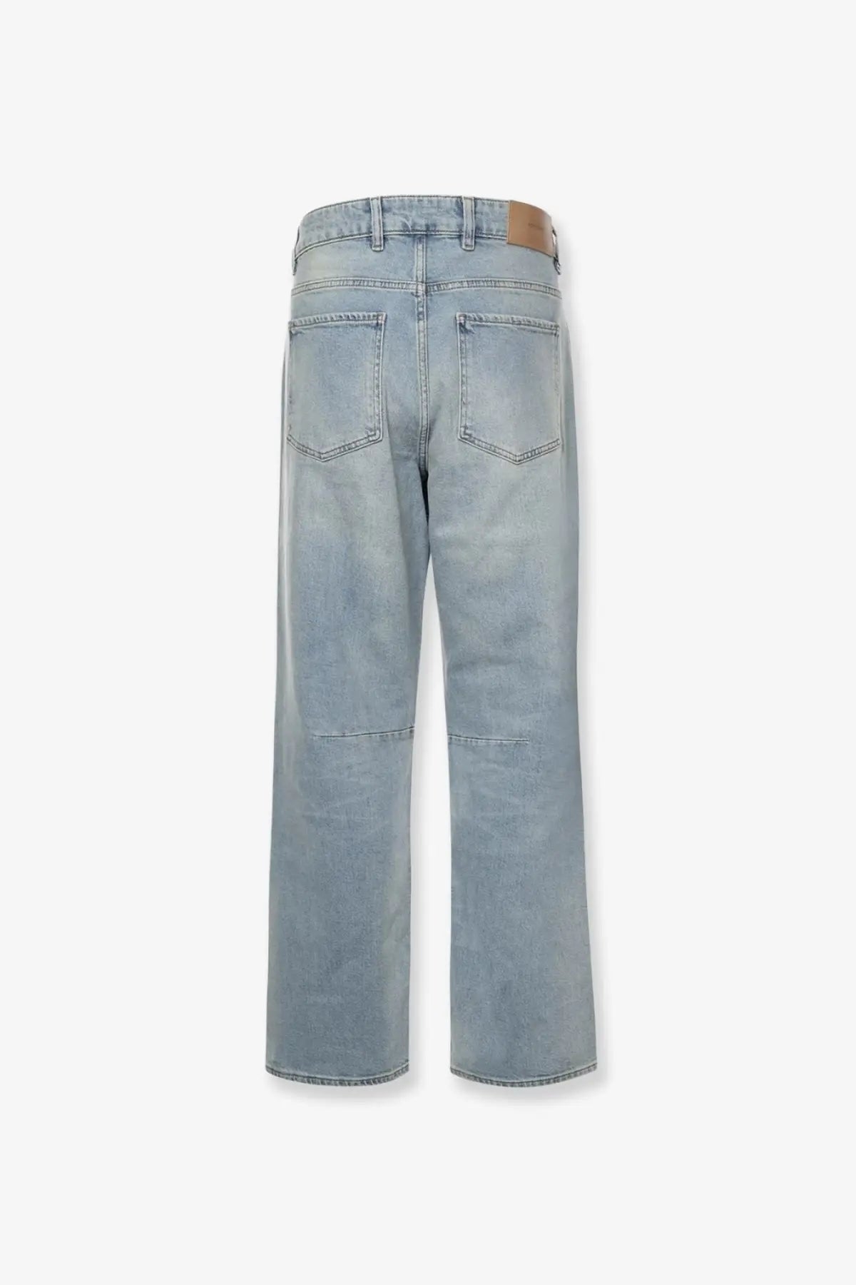 Light-wash denim represent men’s boot cut jeans showing the back side with two pockets and straight-leg design