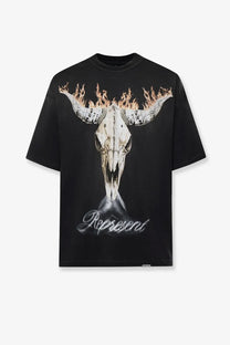 Black oversized cotton t-shirt featuring a detailed bull skull with flaming horns and represent script for men
