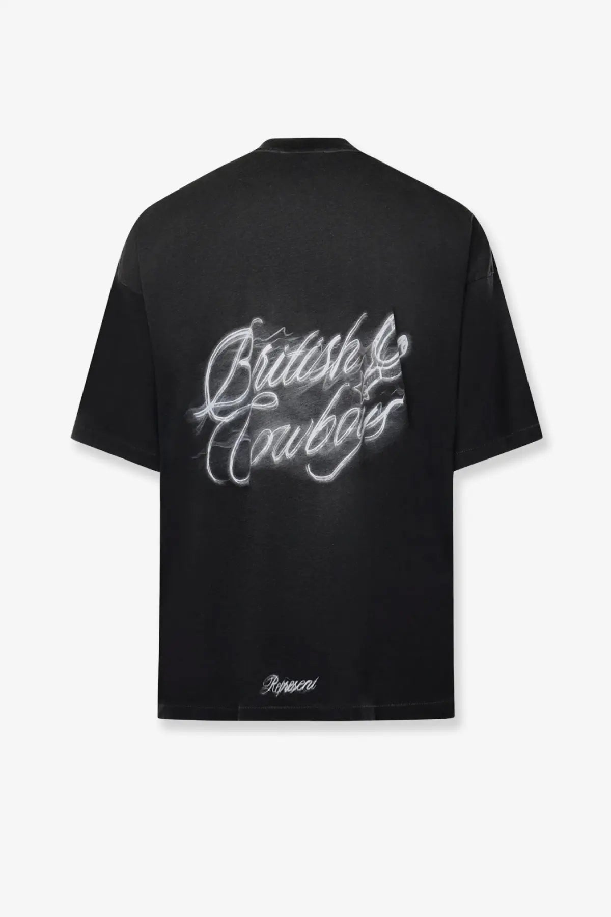 Black oversized cotton t-shirt with white cursive british cowboys graphic and small embroidered logo at hem
