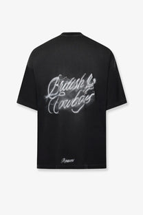 Black oversized cotton t-shirt with white cursive british cowboys graphic and small embroidered logo at hem