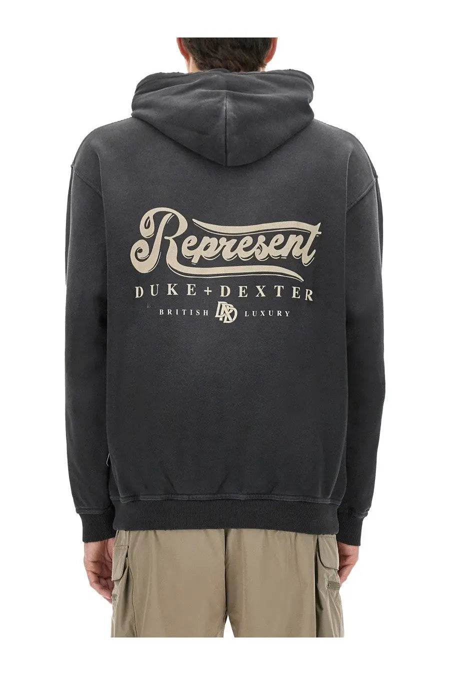 Back side of represent men’s black hoodie with faded beige represent logo and duke plus dexter british luxury text