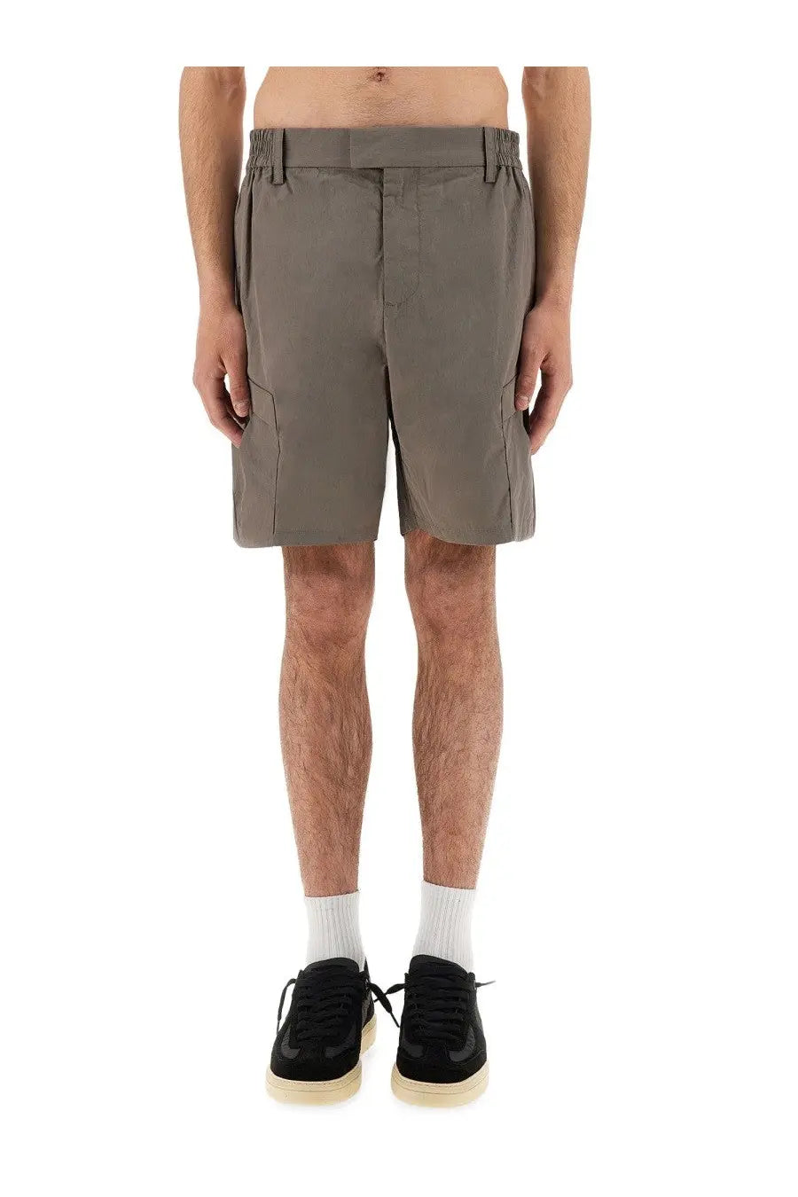 Represent men’s cargo tech shorts in grey with structured khaki fabric side pockets and a drawstring waistband