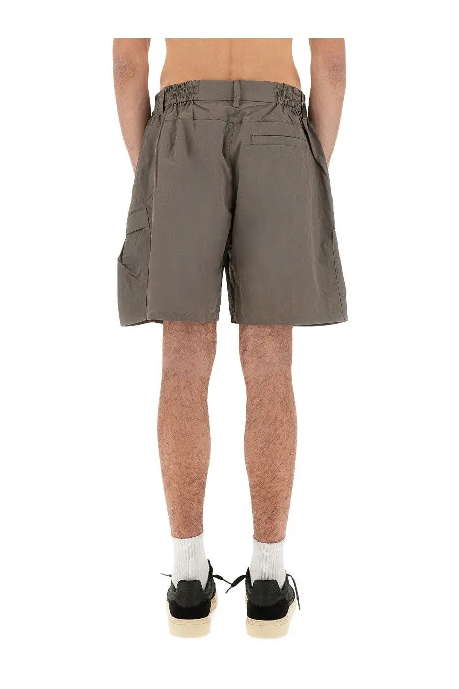 Olive green represent mens cargo tech shorts with elastic waistband and side pockets perfect for casual wear