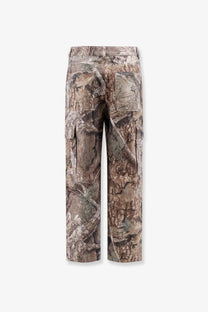 Represent men’s cargo trousers green with camouflage woodland pattern in earthy brown green and beige tones