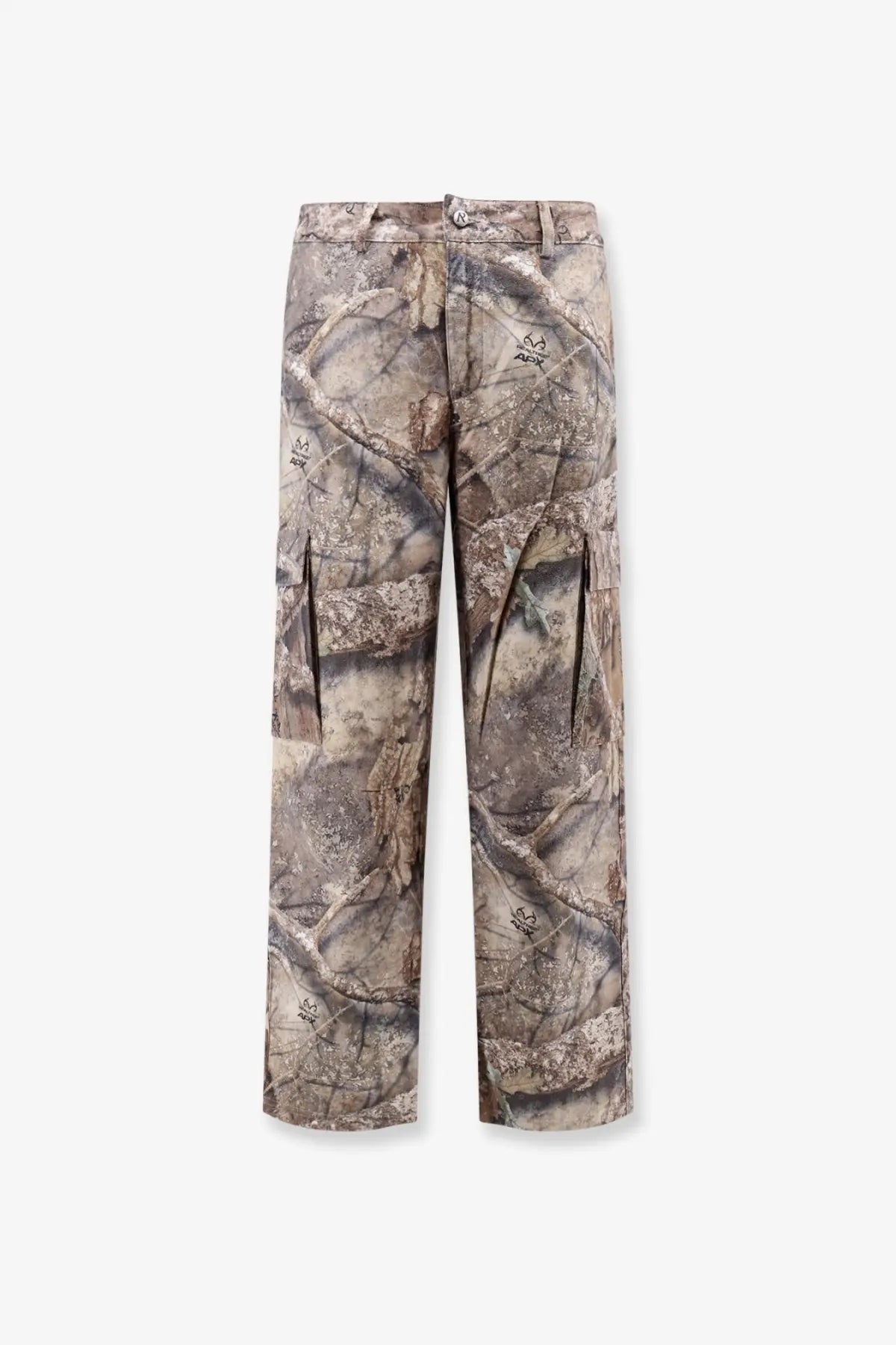 Represent men’s cargo trousers green with camouflage pattern in muted earth tones featuring tree bark and leaf motifs
