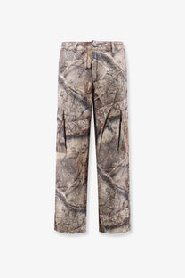 Represent men’s cargo trousers green with camouflage pattern in muted earth tones featuring tree bark and leaf motifs