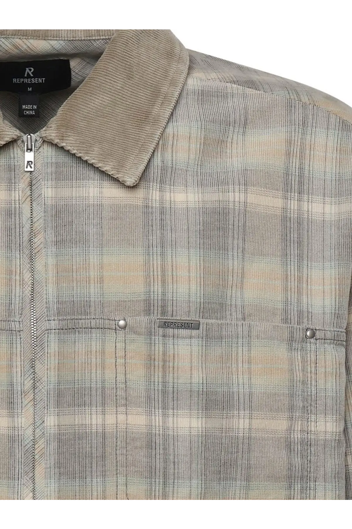 Represent men’s beige and gray plaid corduroy jacket with zipper front and represent brand label on collar