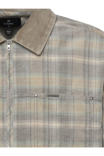 Represent men’s beige and gray plaid corduroy jacket with zipper front and represent brand label on collar