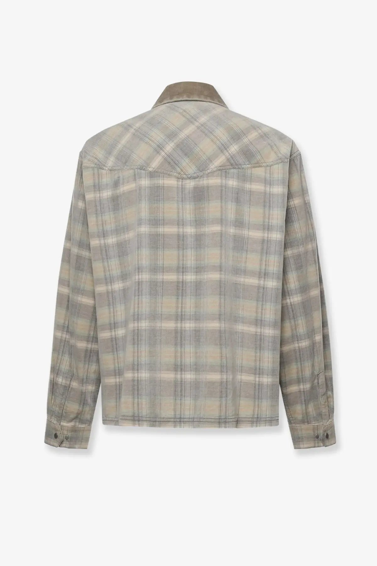 Represent men’s corduroy shirt black shown as a muted gray and beige plaid denim jacket with contrasting tan collar