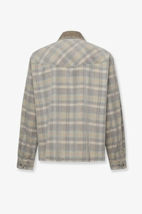 Represent men’s corduroy shirt black shown as a muted gray and beige plaid denim jacket with contrasting tan collar
