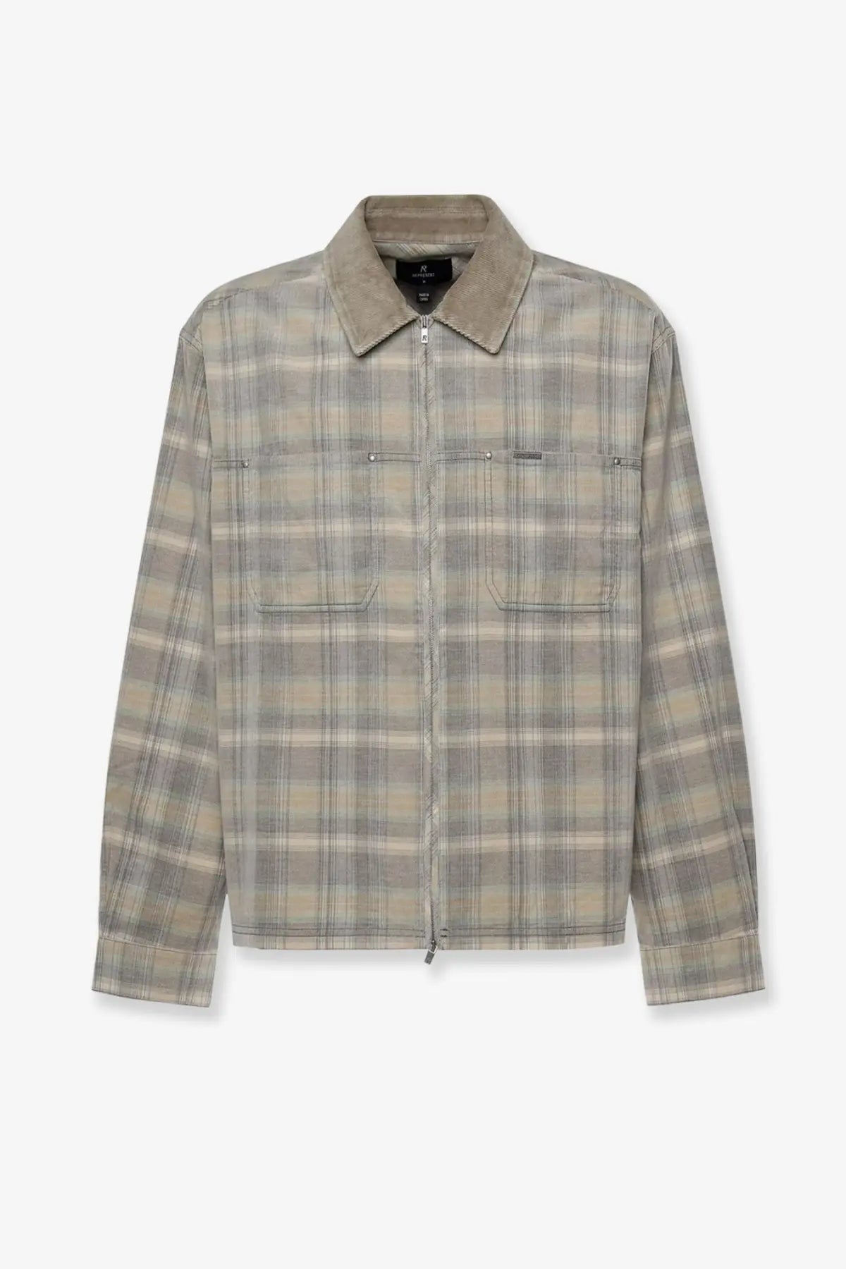 Represent men’s corduroy shirt black shown as muted gray and beige plaid zip-front jacket with suede collar