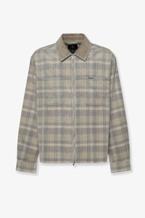 Represent men’s corduroy shirt black shown as muted gray and beige plaid zip-front jacket with suede collar