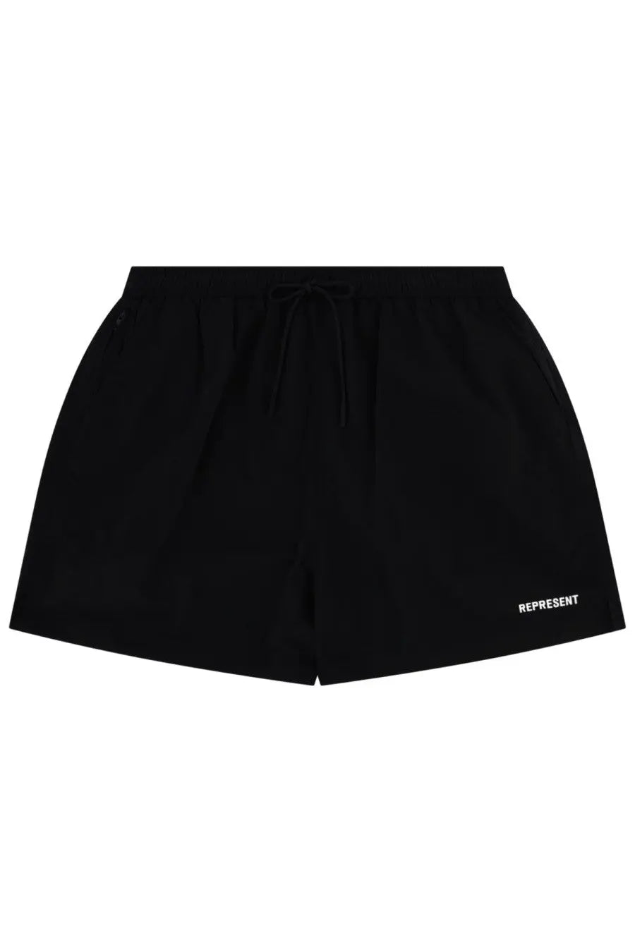Represent men’s costume da bagno con black shorts with drawstring waistband and white represent embroidery on leg