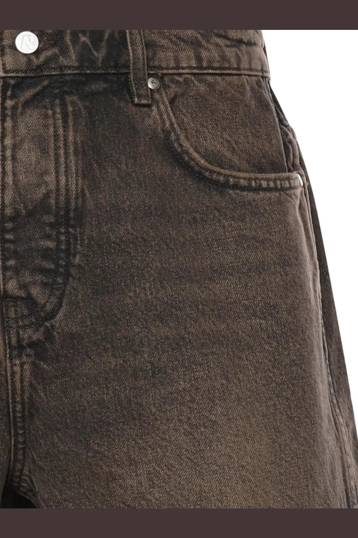 Dark gray denim jeans with faded distressed texture and stitching details in represent men’s cotton bermuda shorts brown style