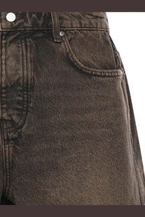 Dark gray denim jeans with faded distressed texture and stitching details in represent men’s cotton bermuda shorts brown style