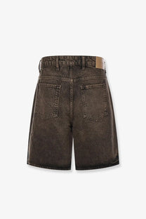 Back view of represent mens brown high waisted cotton bermuda shorts with faded wash and classic pockets