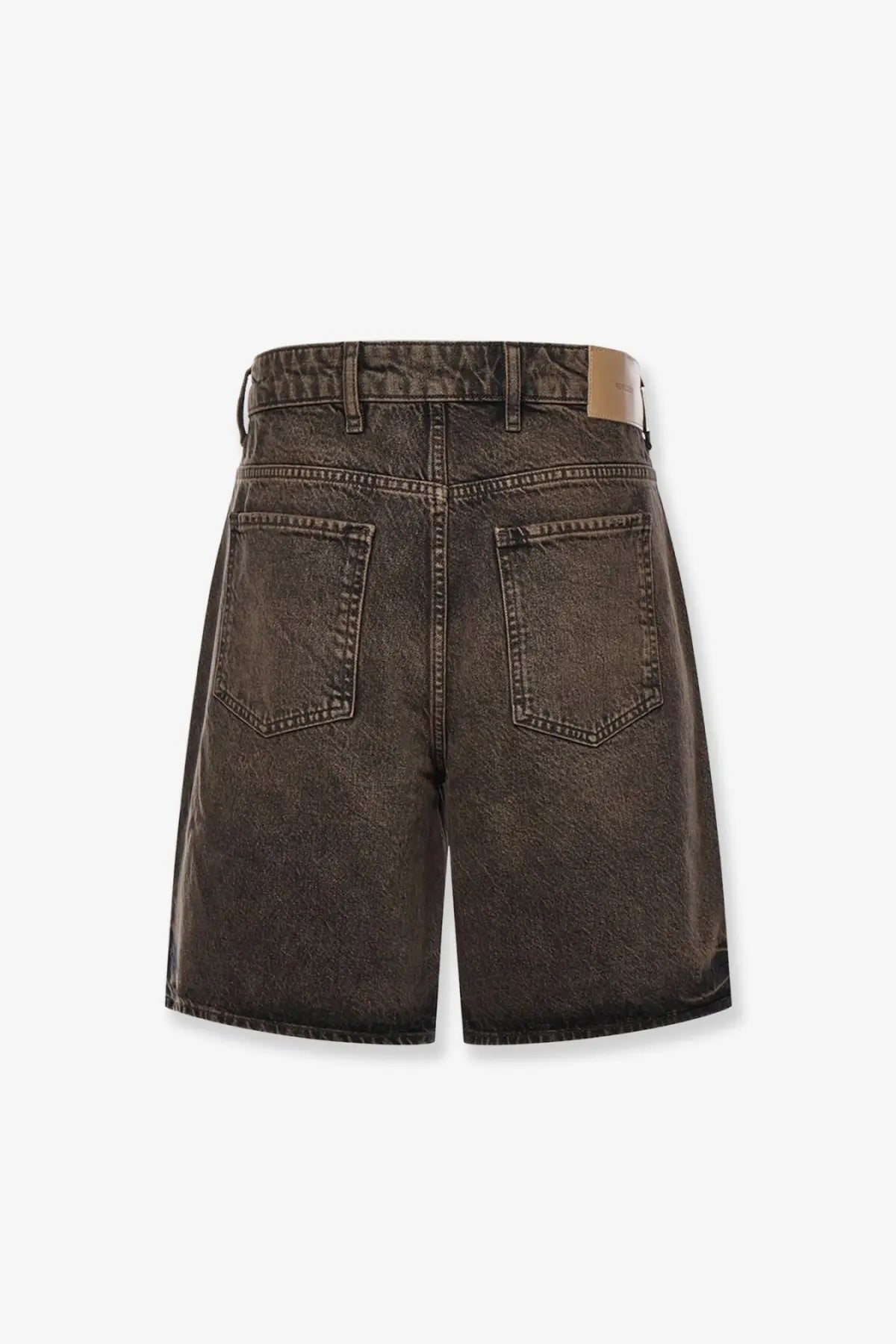 Dark brown high waisted denim bermuda shorts with faded wash and classic back pockets by represent men cotton