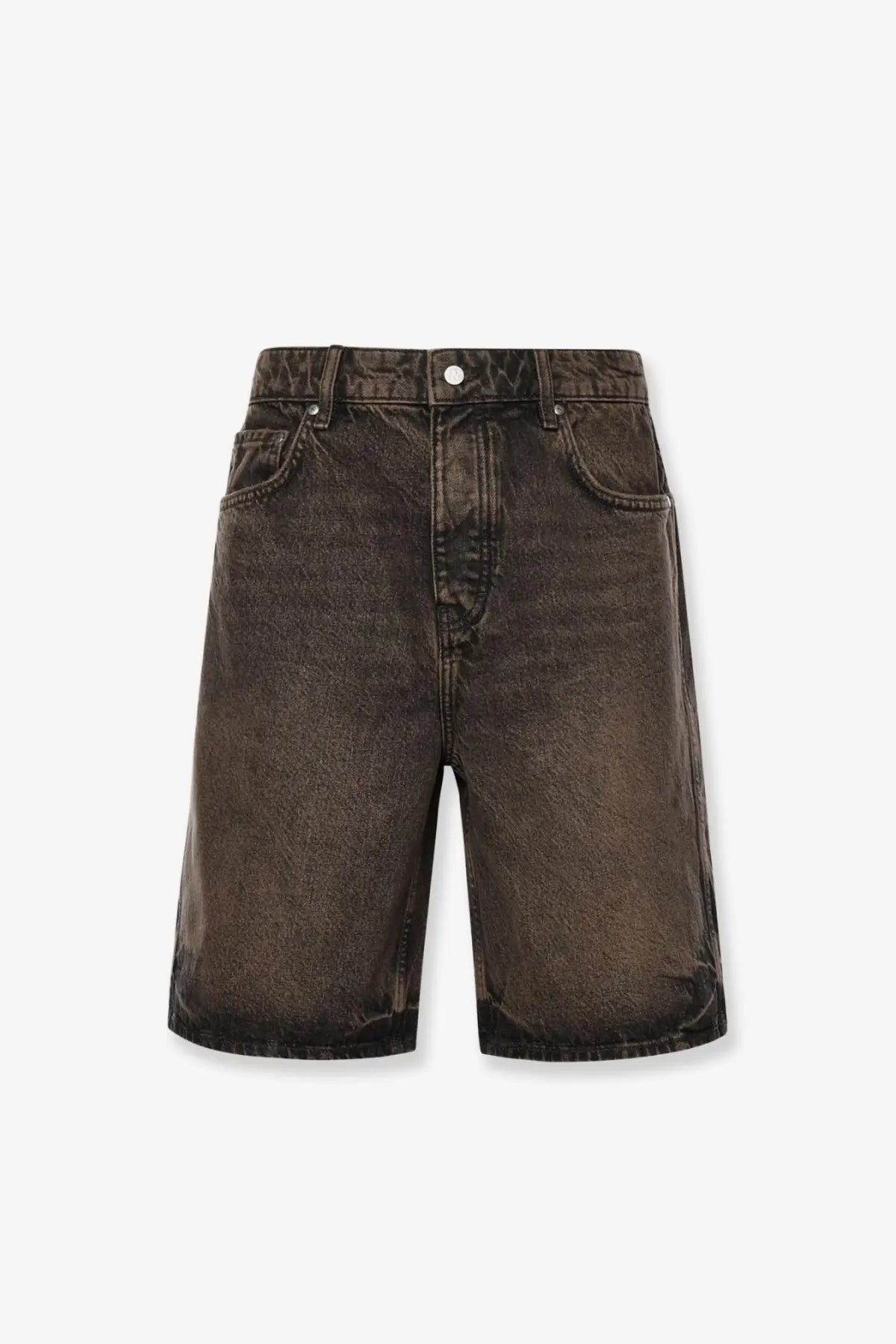 Represent men’s cotton bermuda shorts brown in dark wash denim with faded textured finish and classic five-pocket design