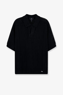 Black ribbed knit polo shirt with mesh detailing on shoulders and sleeves from represent mens cotton blend collection
