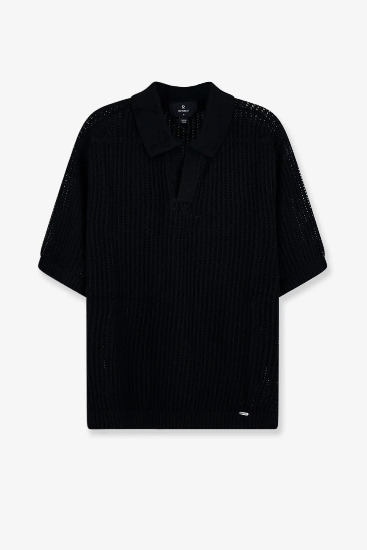 Black ribbed knit Represent men’s cotton blend polo shirt with mesh detailing on shoulders and sleeves
