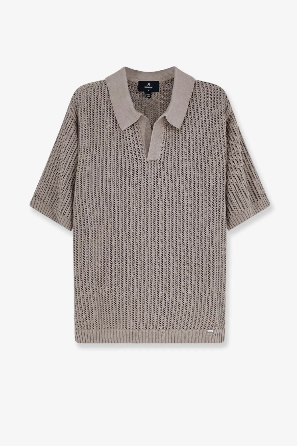 Represent men’s cotton blend beige knitted polo shirt with textured open-weave pattern ribbed cuffs and hem