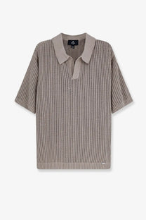 Beige knitted polo shirt with open weave pattern ribbed cuffs hem part of represent men’s cotton blend green shirt line