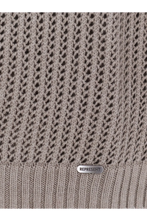 Taupe knitted sweater with textured openwork pattern and ribbed hem with silver represent brand tag