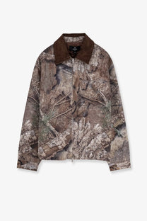 Represent men’s cotton jacket green with brown corduroy collar and earth tone camouflage featuring tree bark design