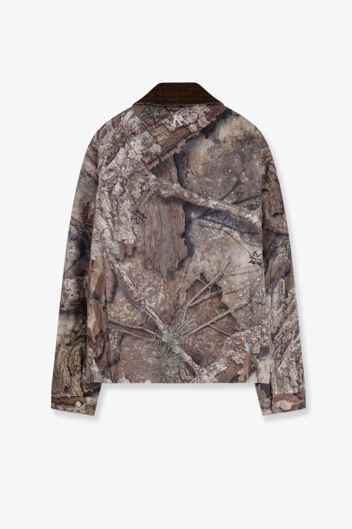 Represent men’s cotton jacket green in brown and gray camouflage with dark brown collar for casual wear
