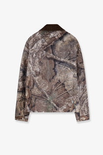 Represent men’s cotton jacket green in brown and gray camouflage with dark brown collar for casual wear