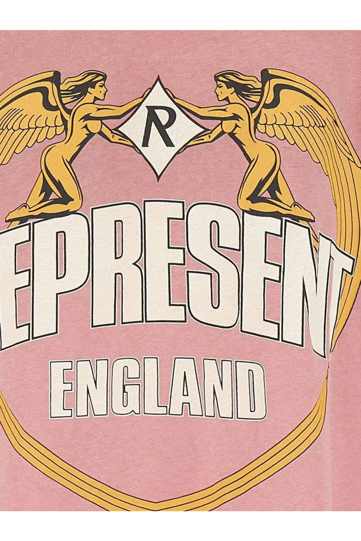 Represent men’s beige cotton t-shirt with bold gold winged figures and diamond r emblem above represent england text