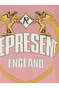 Pink cotton t-shirt with bold golden winged figures and diamond shaped r emblem above represent england text