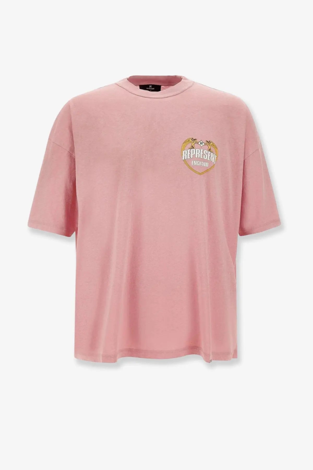 Represent men’s cotton beige shirt with a soft pink oversized crewneck and gold embossed heart logo represen