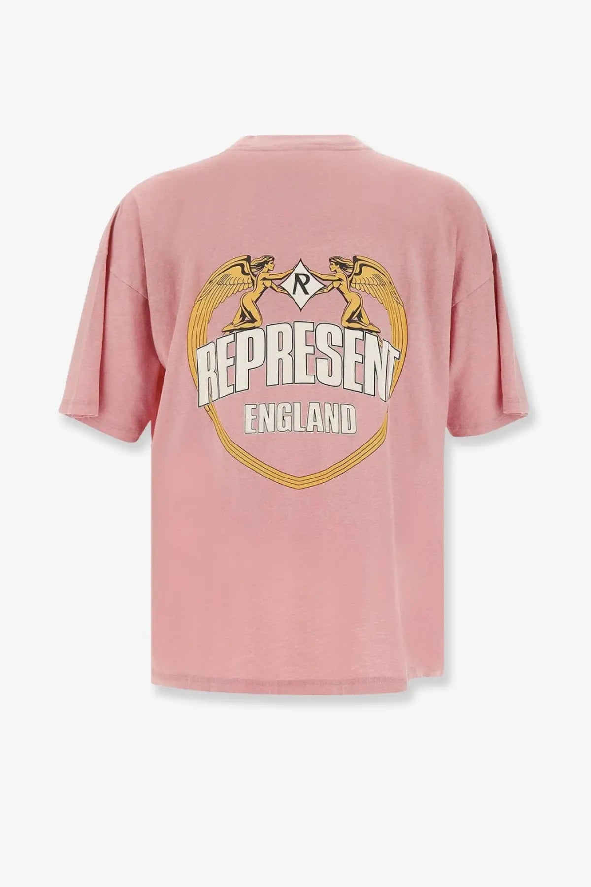 Represent men’s cotton shirt beige soft pink oversized t-shirt with golden winged graphic and england text detail