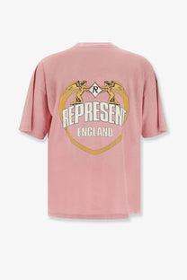 Represent men’s cotton shirt beige soft pink oversized t-shirt with golden winged graphic and england text detail