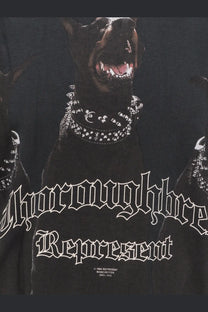 Represent men’s black cotton t-shirt featuring a doberman pinscher graphic with spiked collar and gothic lettering