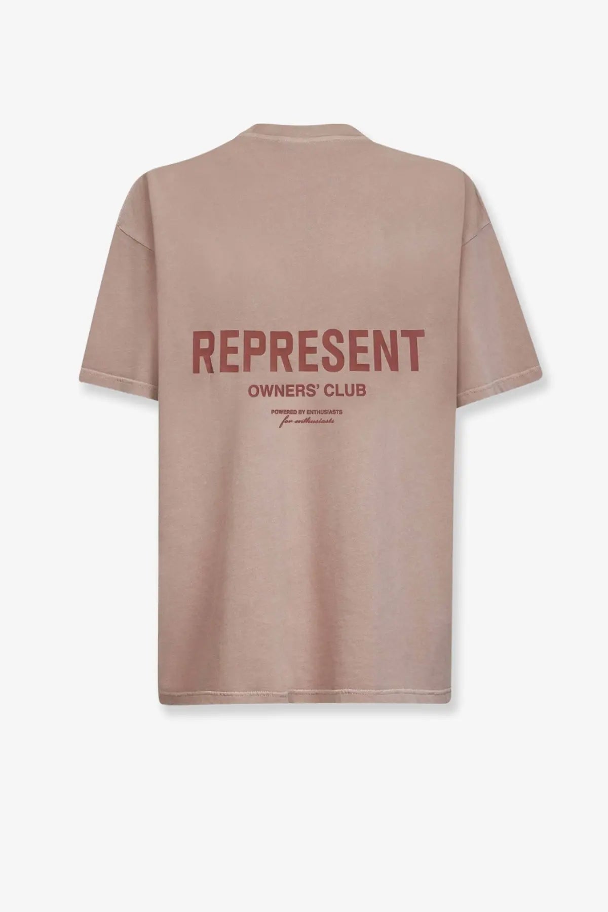 Beige short sleeved cotton t shirt with bold red represent owners club graphic on the back for men